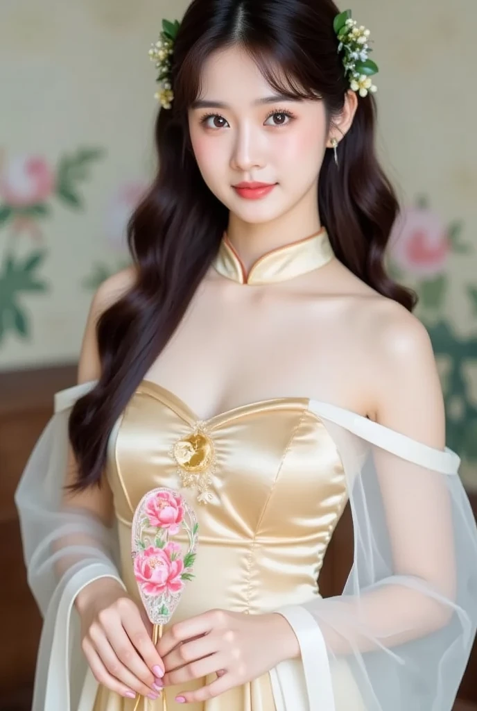 Create an ultra-cute and enchanting depiction of a Western-inspired fire spirit (Salamander) with a strong focus on her front body. She has a charming and adorable appearance, blending classic Western elements with her fiery nature. Her skin is smooth, glowing with a soft, warm light in shades of peach and gold, resembling the gentle flicker of a flame. Her hair is long, flowing, and a vibrant mix of red, orange, and gold, styled in loose curls with flame-shaped hairpins and small, delicate ornaments that resemble tiny dragon scales.
Her eyes are large, round, and sparkling with a captivating, fiery orange hue. They have long, fluttery eyelashes that enhance her innocent and playful expression. Her face is delicate and adorable, with rosy cheeks and a small, cute nose. She wears light makeup with a touch of blush and shiny, pink lip gloss.
She is dressed in a Western-style dress that has been tailored to be more cute and youthful. The dress is made of soft, luxurious fabric in bright red and gold, with playful patterns of flames and cute dragons. The sleeves and hem are designed to look like flickering flames, adding to her fiery charm. The dress is fitted with a corset-style bodice in a complementary color, such as deep black or dark green, with a large, elaborate bow at the back. Her arms and hands are adorned with delicate, gold bracelets and rings, adding a touch of elegance to her appearance.
Her back features a small, ethereal flame shaped like a dragon, symbolizing her power and connection to the element of fire. This flame moves gently, adding a sense of liveliness and warmth to her presence. Surrounding her is an aura of gentle, warm flames that shimmer and sparkle, making her appear even more enchanting.
The background should depict a classic Western fantasy landscape with a cute twist, such as a serene meadow with blooming flowers that look like they are made of soft flames, a charming castle with glowing turrets, or a magical forest with streams of g