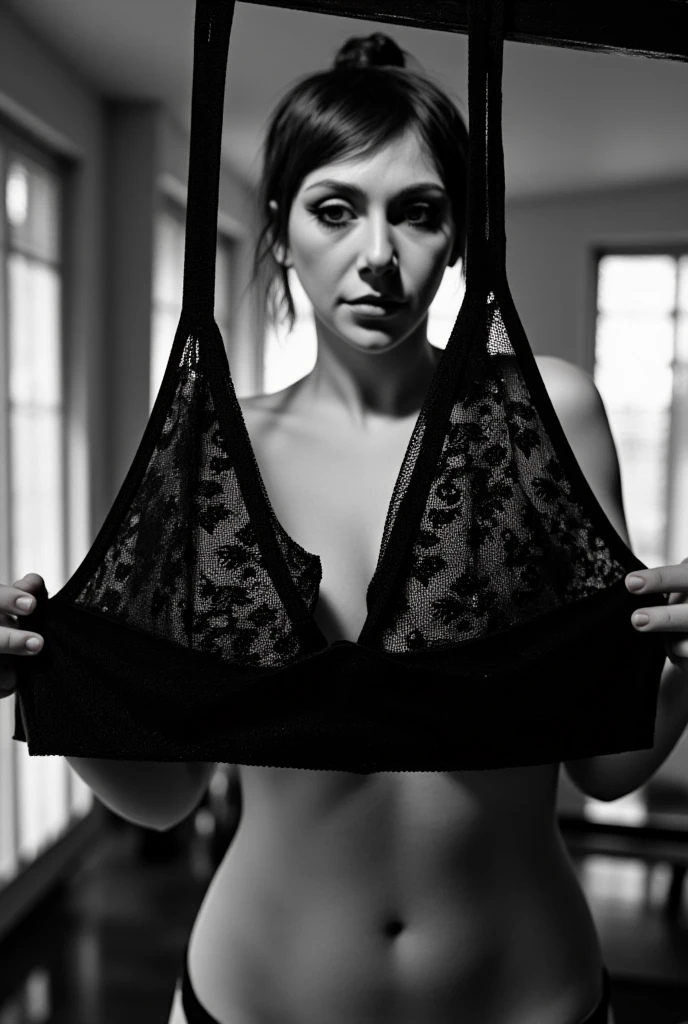 Thick busty both babe with blood red eyes, black and red lacy goth lingerie with matching garter and stockings, large breasts, voluptuous, serious aura, black eyeshqdow