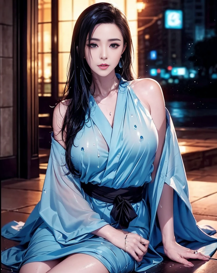 a close up of a woman in a blue dress standing in a pool, inspired by Sim Sa-jeong, wearing blue robe, sims 4 screenshot, wearing a blue robe, blue robe, wearing red sorcerer's robes, ((wearing aristocrat robe)), inspired by Li Tang, sleek robes, wearing a long flowing robe, inspired by Lü Ji, Marian Rivera, hyper realistic