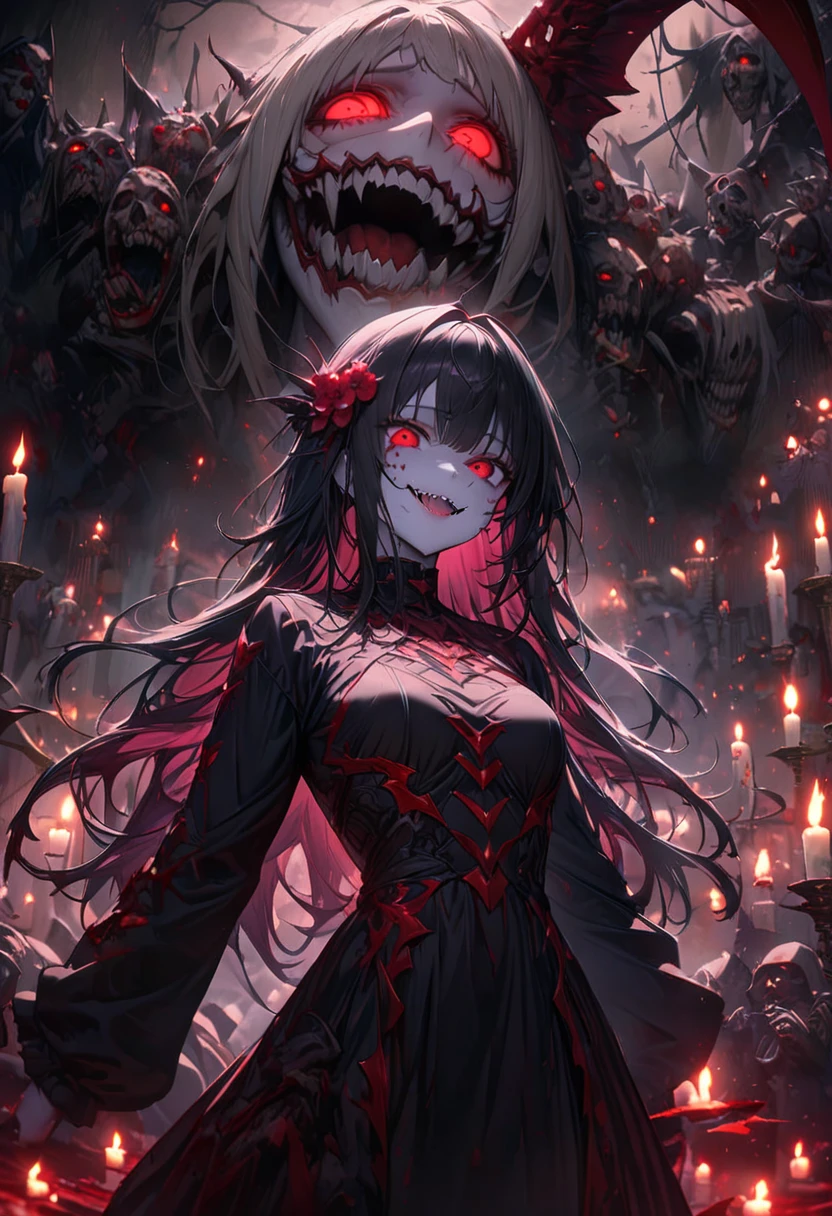 （Dark and scary atmosphere,Dark colors）,Very sexy vampire,A mass of white flowers in full bloom on a red full moon night,beautifully,Black straight ponytail,Pale skin,Fishnet tights,Mini Japanese dress