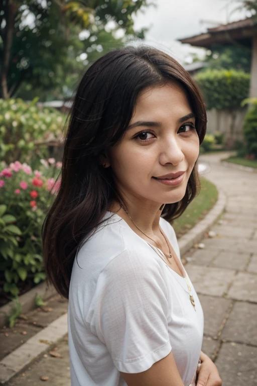 A beautiful Indian girl cute smile (best quality,4k,8k,highres,masterpiece:1.2),ultra-detailed,(realistic,photorealistic,photo-realistic:1.37),beautiful Indian girl with a cute smile hiking in a scenic landscape wearing a white shirt, stunning eyes, radiant face, long dark hair flowing with the wind, graceful posture, surrounded by lush green trees and vibrant flowers. The sunlight gently illuminates her skin, creating a warm and inviting atmosphere. The girl's eyes sparkle with joy and curiosity as she explores the serene wilderness. The hiking trail leads to a majestic mountain peak in the distance, partially covered by mist. The girl's adventurous spirit is evident in her confident stride, ready to conquer any challenge along the way. The scene is bathed in vibrant colors, with a harmonious blend of earthy tones and vivid hues. The golden hour sunlight casts soft shadows, adding depth and dimension to the landscape. The air is filled with the fragrance of blooming flowers, enhancing the overall sensory experience of the scene. The combination of natural beauty and the girl's radiant presence creates a captivating and awe-inspiring moment, inviting viewers to immerse themselves in the enchanting world of this artwork.