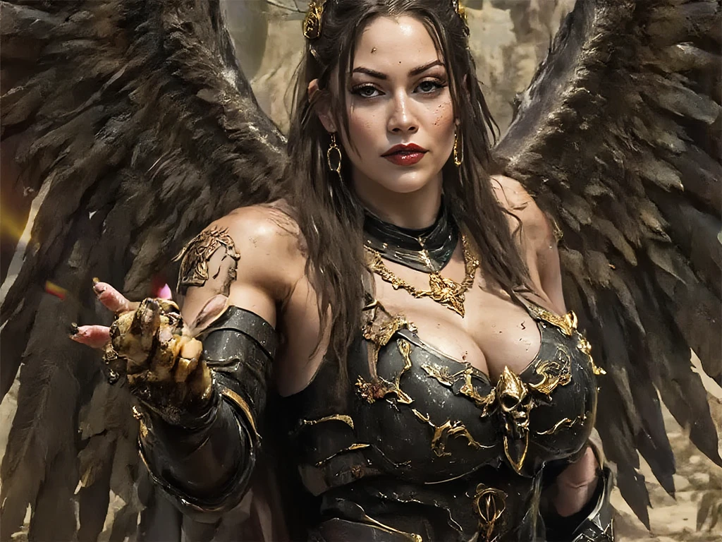 alien female harpia with long curly brown hair, scorched eyebrows, eagle eyes, small pointed ears, plump lips with sharp pointed teeth, round face with a sinister expression, arms with expressive wings, large bust with hourglass waist, shapely thighs with eagle legs, entire body covered in feathers, harpy character from Greco-Roman mythology, scene on top of a nest full of broken giant eggshells, (best quality,4k,8k,highres,masterpiece:1.2),ultra-detailed,(realistic,photorealistic,photo-realistic:1.37),extremely detailed eyes and face,longeyelashes,intricate feather details,dramatic lighting,warm color palette,cinematic composition