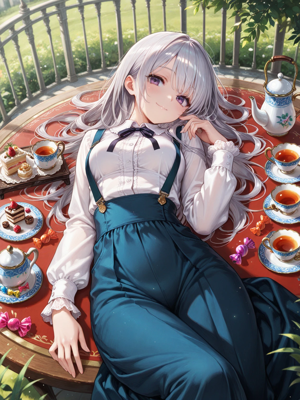 (perky chest:1.2), (pointed chest:1.2),(((Black Tunic:1.3))),(((cakes and bread in the basket),Cute and beautiful girl,Cute round face,Cute smile,with blush cheeks,Red Lip,a girl 22 years old, nsfw:1.2, beautiful body:1.3), shinny skin, BREAK, ((alice in the wonderland:1.3, cute, kawaii, lovely, funny, a girl falling down from sky:1.3, girl flying in sky:1.2, girl floating in air:1.3, rolling upskirt by wind:1.5, (with sparkling eyes and a contagious smile),open mouth, Looking at Viewer, surprised, putting hands on crotch over the skirts:1.35)), BREAK, ((floating things as follows:1.3, PlayingCards, Trump, tea cup, tea pot, tea spoons, pocket watch:1.3, lip sticks, candies:1.2, cookies, jam bottles, classical door_keys)), ((long purply_Blue dress :1.5, wearing long flaired skirt:1.3, the skirt is blowing:1.3, cute White Apron, black stockingedium long platinum-blonde hair:1.2, twin tail hair:1.6, tied hair with a large ribbon), (Blue eyes, bright pupils with highlights, detailed eyes), (lying down on your back:0.7, spreading legs with rising up straight:0.7), sexy posture, fantastic colorful art, (fantasy art:1.2, wondered images), ((correct anatomy:1.5, perfect anatomy:1.3, correct hand, small foot:1.2)),
