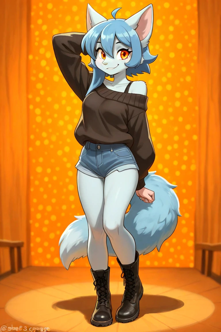 Super cute animals,Furry white coat,white powder element,beautiful lights and shadows,Ambient lights,ultrafine fur,volumetric light, black sweater, striped thigh-high leggings, (big thighs)