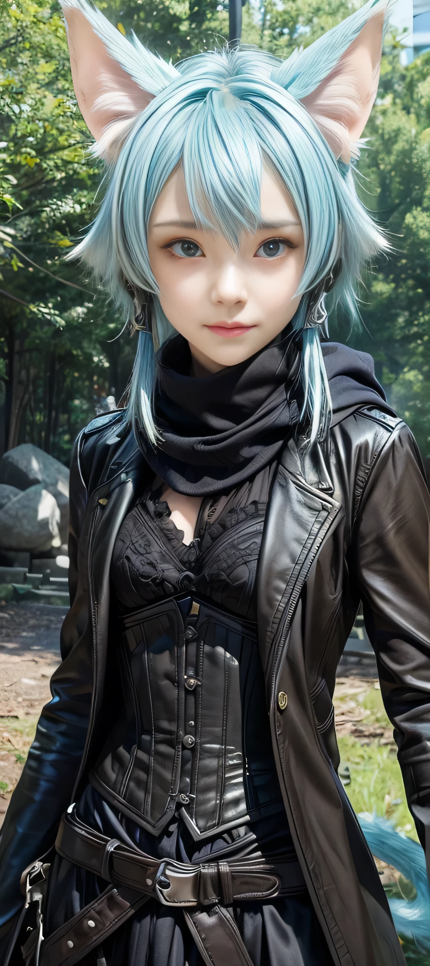 masterpiece, best quality, (realistic,photo-realistic:1.4), (RAW photo:1.2), extremely detailed CG unity 8k wallpaper, delicate and beautiful, amazing,finely detail, official art, absurdres, incredibly absurdres, huge filesize, ultra-detailed,extremely detailed eyes and face,light on face,sinon,(little smile),(blue hair:1.4),(very short hair:1.5),sidelocks,forest background,(god cloth:1.5) ,(sidelocks:1.3),scarf,(cat ears:1.3),coat, brown belt,corset