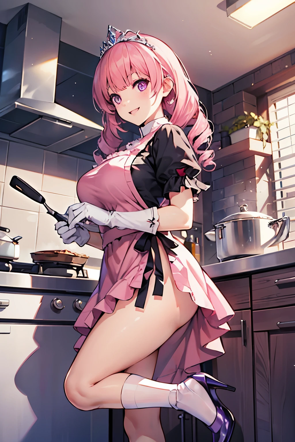 High Quality,4K real,Detailed Explanation,最High Quality,Studio Lighting,clear focus for December,Physically Based Rendering,Detailed Explanation, Brilliant Color Scheme ,big pink twin drill,cat-like eyes ,white skin,PURPLE EYES,Shining eyes,Cute girls,I have very large breasts,Decorative Tiara ,Big Smiles,chat,pink short princess dress,White Long Gloves,White knee-length socks、Pink High Heels, cooking in the kitchen 、Cutting board、 package、pot、