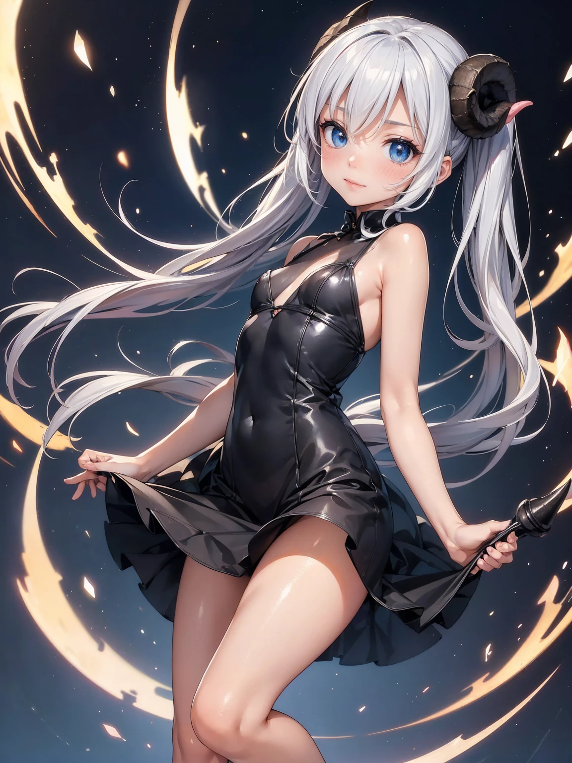 1girl, young, , petitextremely detailed, realistic, smooth skin, long white hair, short white crop top, short tight black skirt, belly exposed, licking lips, big cute red eyes, sharp eyes, cute face, sharp face, looking at viewer, satisfied expression, mouth open, tounge out, thick thighs, extremly huge thighs, small chest, small waist, small hips