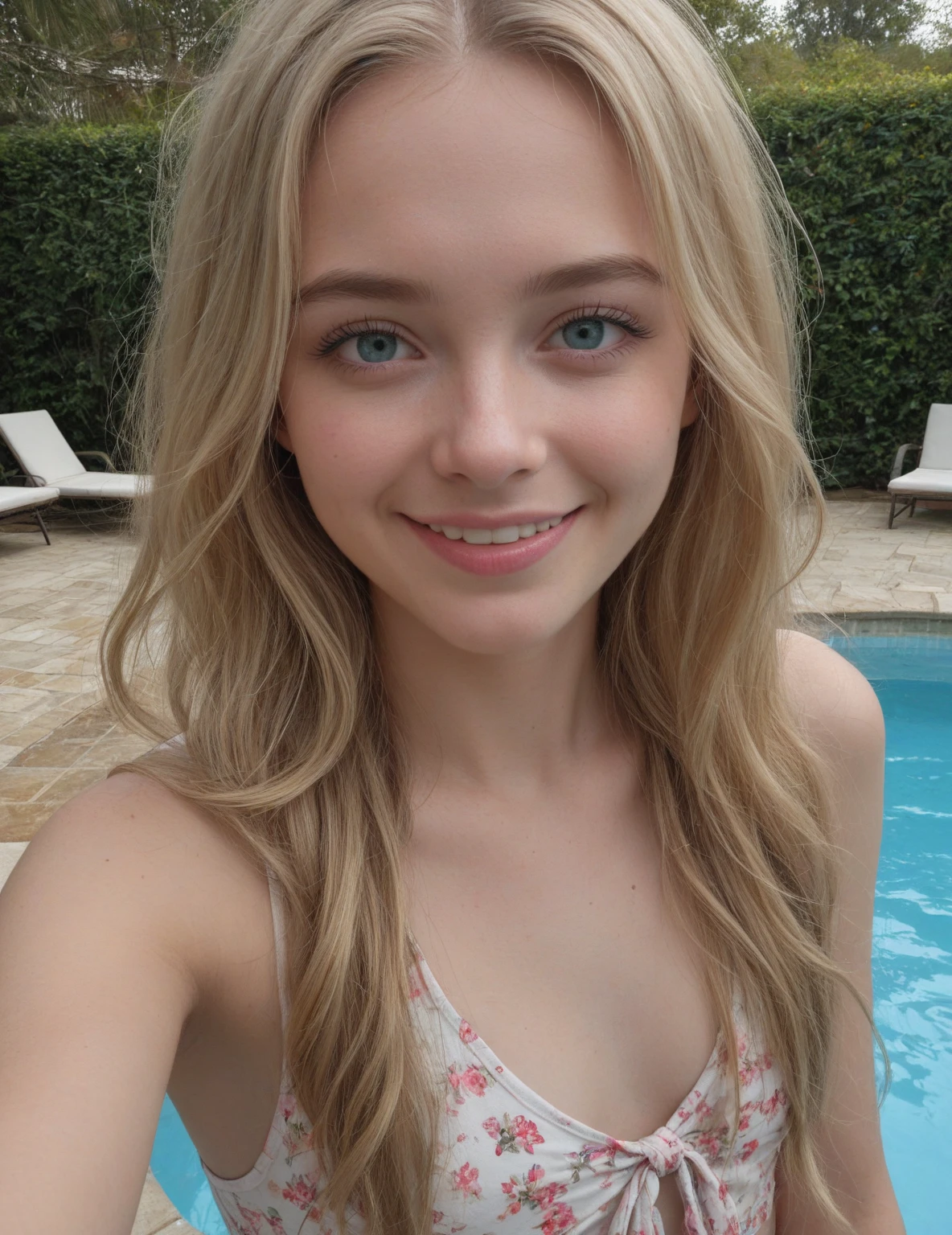 A 18-year-old blonde woman, , ((small natural breasts )), tiny breasts((hiperrealismo))textured skin (veins on breasts visible noticeable, only cleavage) goosebumps, perfect eyes. Blonde hair with light brown roots. cabello rubio, Hair with brown roots, extra long hair, really long hair. photo taken with iPhone, cleavage, Porta 160 color. Provocative pose. Skinny small girl. Wearing a yellow bikini, in the pool with friends