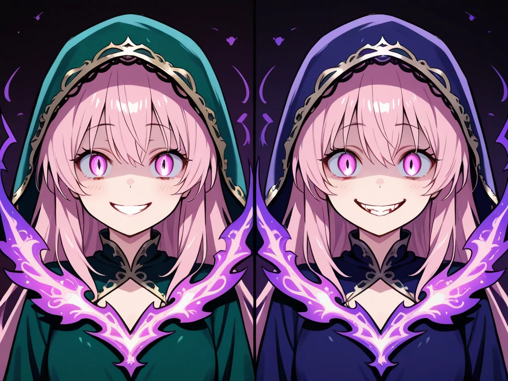 A purple-eyed, blue-haired elf girl was having sex with a white-haired, pink-eyed rabbit girl.
