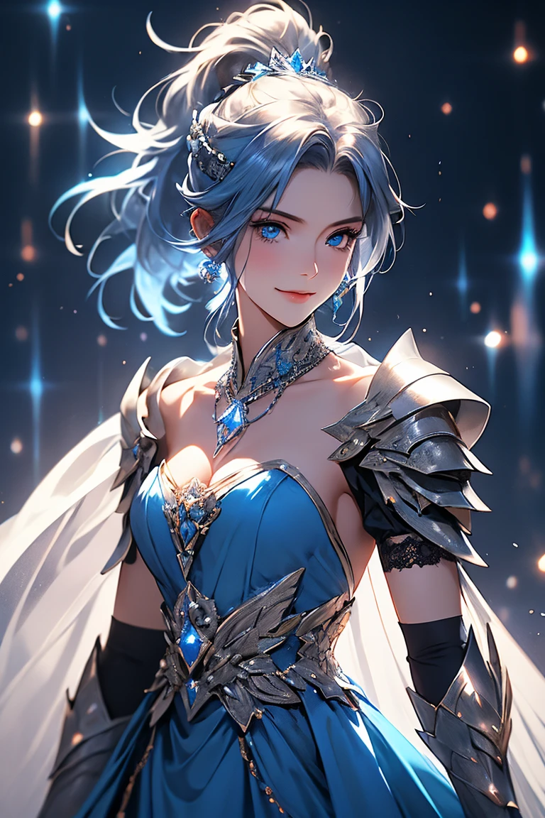 (((best quality, sharp image, clear image, cinematic lighting, 8k resolution, masterpiece, ultra detailed, intricate))) Girl, sorcerer, cute, intricate dress, braided hair, smiling, Ice blue, ((intricate background)), (rune frame), dimension, sideview