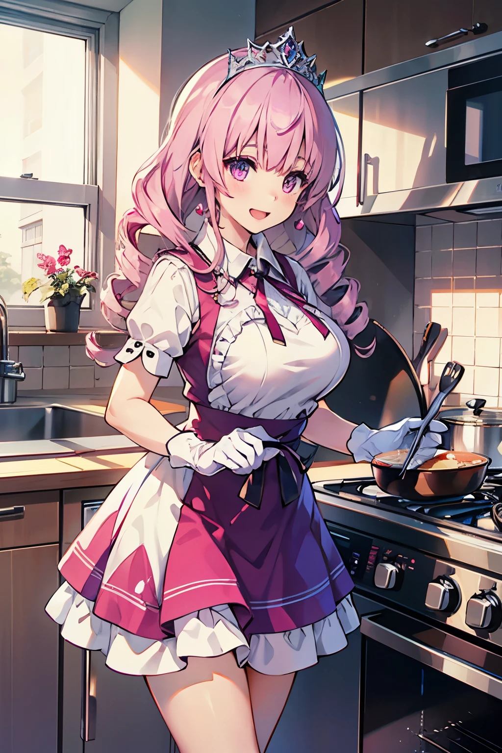 High Quality,4K real,Detailed Explanation,最High Quality,Studio Lighting,clear focus for December,Physically Based Rendering,Detailed Explanation, Brilliant Color Scheme ,big pink twin drill,cat-like eyes ,white skin,PURPLE EYES,Shining eyes,Cute girls,I have very large breasts,Decorative Tiara ,Big Smiles,chat,pink short princess dress,White Long Gloves,White knee-length socks、Pink High Heels, cooking in the kitchen 、Cutting board、 package、pot、