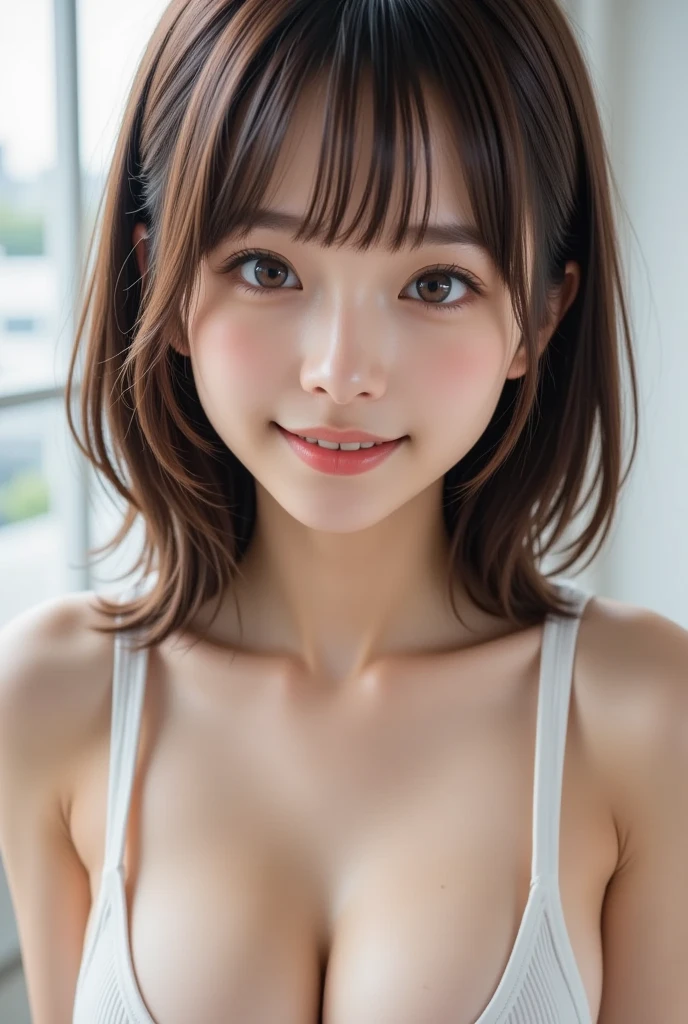 highest quality, masterpiece, Ultra-high resolution, (Realistic:1.4), (Close-up portrait) RAW Photos, 1 girl,20-year-old,((Inside the Shinkansen)),((Wireless Earphones)),((Staring at your smartphone screen)),,((Blonde Gal Makeup)),((High Fashion)),Messy Hair,((Cap Chestnut)),((Bangs short hair)),Realistic,picture media chest)),((Smiling with teeth showing)),((Big smile))