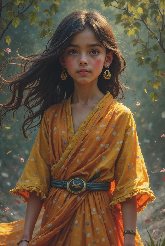 beni, solo, 10 year old girl, yellow_pupils, +_+, black_hair, high_ponytail, red_flower_hair_ornament