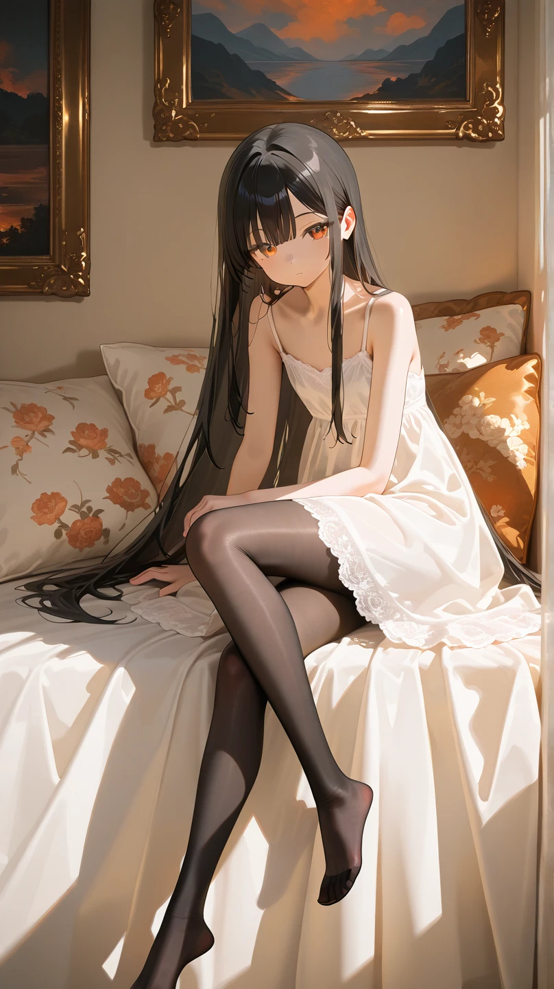 white shirt,Perspective installation,without wearing shoes,100D black butt socks,Black stockings,black pantyhoses,Thick black stockings,Colossal tits,Upturned buttocks,super detailing,hyper HD,A high resolution,1080p,Anatomically correct,acurate,body coordination,Portrait photos,Delicatemakeup,Slender thighs,Best quality at best, tmasterpiece, 超A high resolution, RAW photogr, Beautiful and beautiful,deepshadow, (realisticlying:1.4), full-body composition, Striking perspective