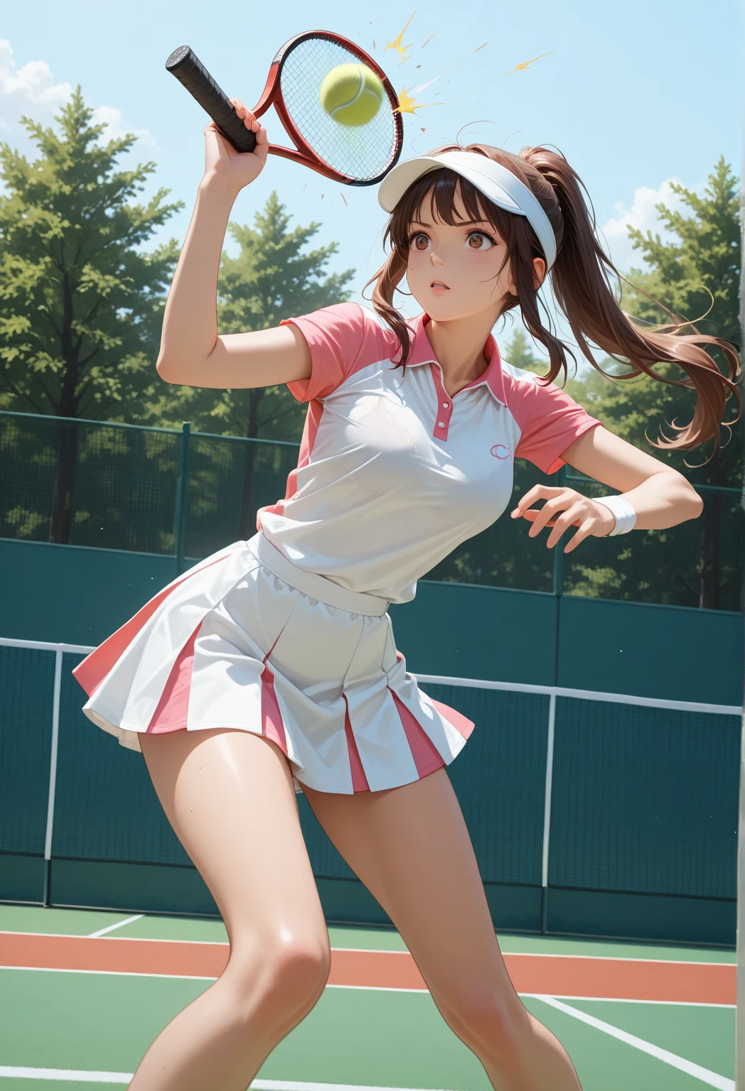 masterpiece, 1girl, solo, yukino yukinoshita, glowing eyes, white sneakers, tennis wear, white miniskirt, white panties, white knee socks, masterpiece, top quality, realistic, hyper-detailed, blue sky, tennis court, vibrator in pantie, grabbing her own breasts,