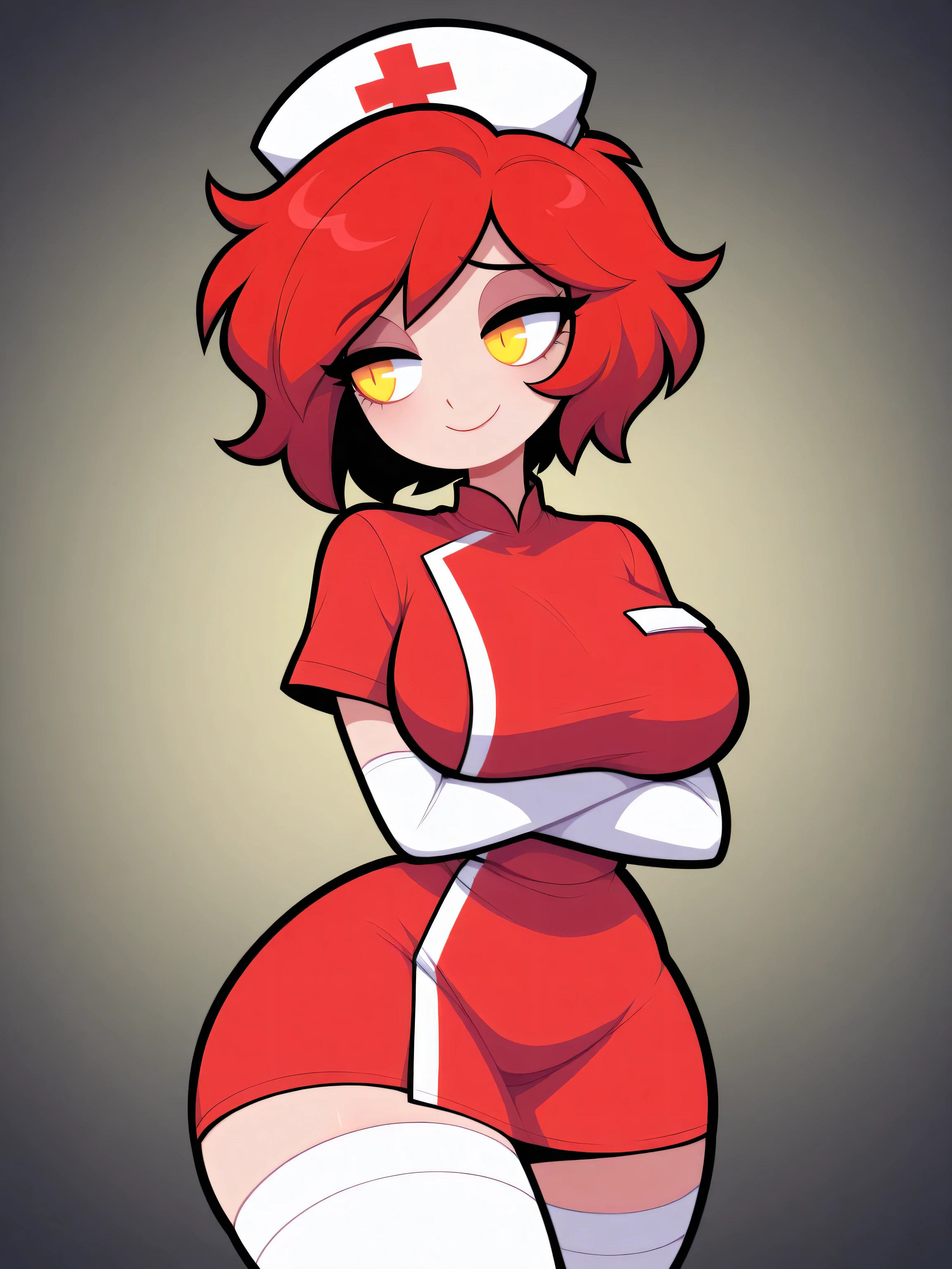solo, crossed arms, yellow eyes, soft smile, strong, woman, adult woman, large breasts, big thighs, wide hips, red short hair, long nurse clothes, white gloves, white stockings, best quality, amazing quality, highres, absurdres, score_9, score_8_up, score_7_up,source_anime,BREAK,masterpiece,cartoony style,