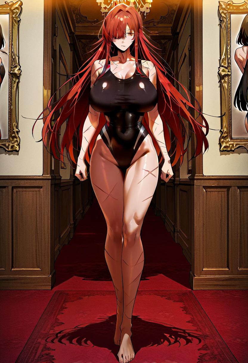 long wavy hair, vibrant fiery red hair, skinny, flirtatious curves, gigantic breasts, 2 breasts, anime girl, no bra, erect nipples poking through dress, standing, hand on hip, blowing a kiss to viewer, black high heels, with a deep red hue dress with an intricate blue pattern, and lace overlay, high neckline, form-fitting, ankle length, slit up to the knee