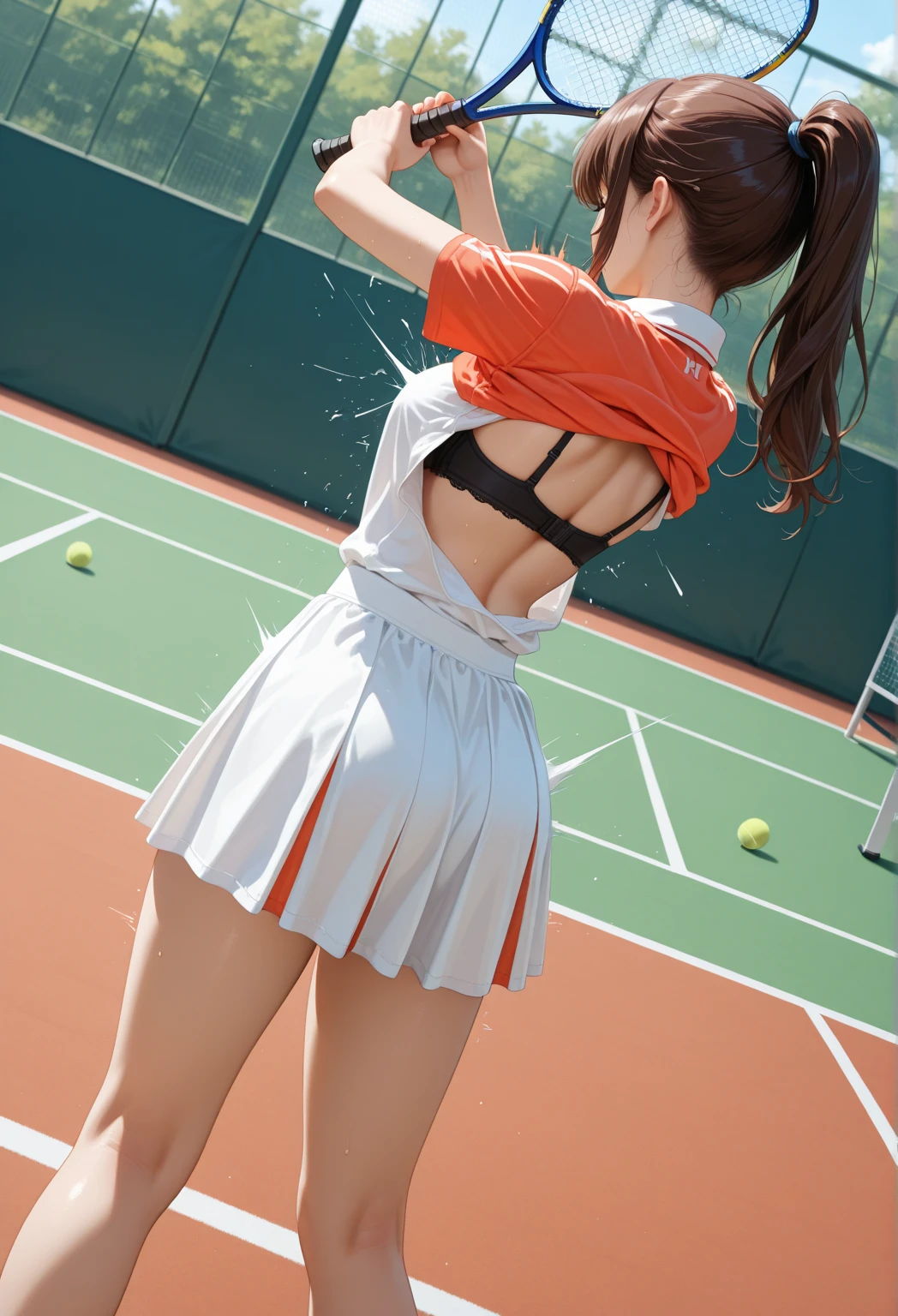 1girll，tennis player，crisp breasts, Convex buttocks,White sports short sleeves，Short white pleated skirt，White lace panties，White sport socks，White tennis shoes，Wet hair，High ponytail，body soaking wet，Swing the paddle，tennis court，Sunnyday，Clouds， Detailed background, Clothing details, perfectly proportioned, filmgrain, Fuji colors, lightand shade contrast, tmasterpiece, high detal, high qulity, A high resolution, Cinematic lighting, 8K, Textured skin, Super detail