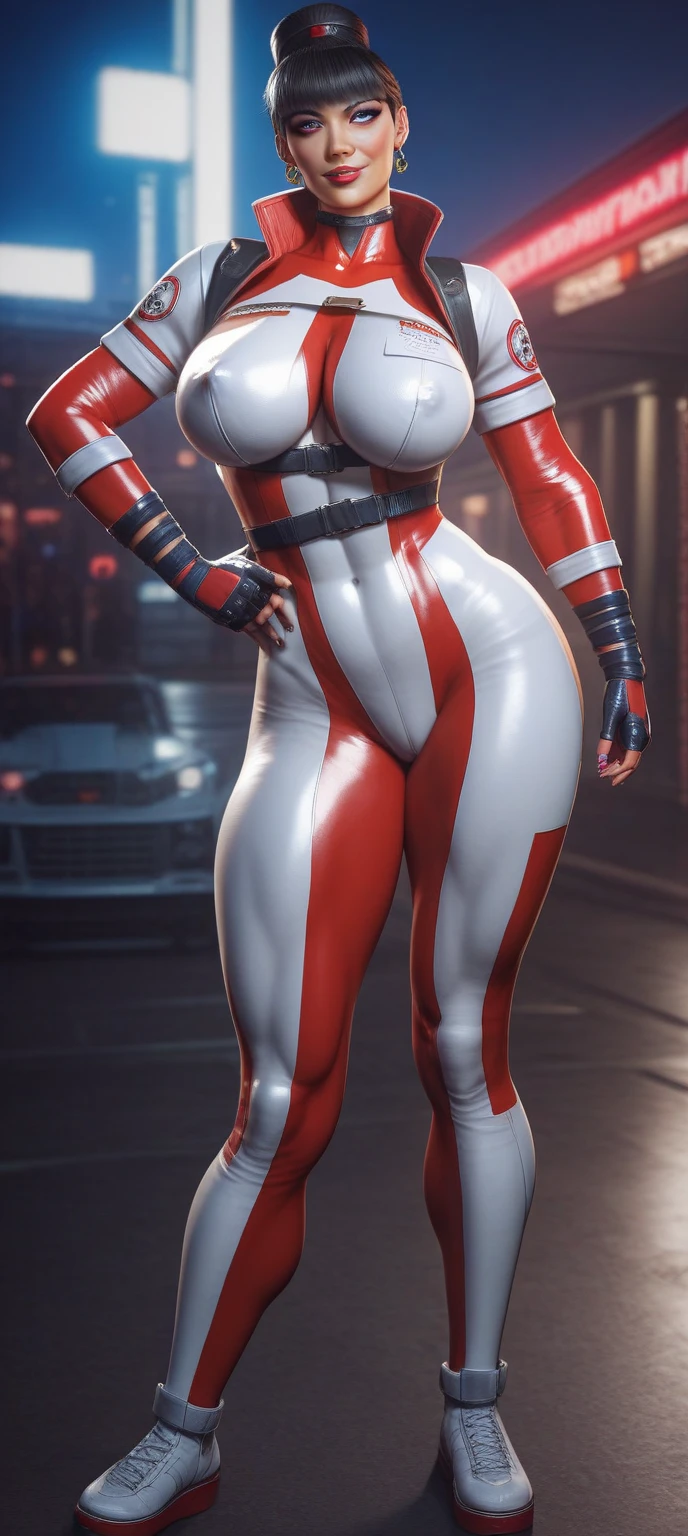 Harley Quinn from DC, big breasts, frontal, full-length, looking at the camera, facing the audience, standing pose,  background, three-dimensional light, detailed full-body concept, sleek digital concept art, beautiful full-body concept art, art trend, CGsociety full-length,