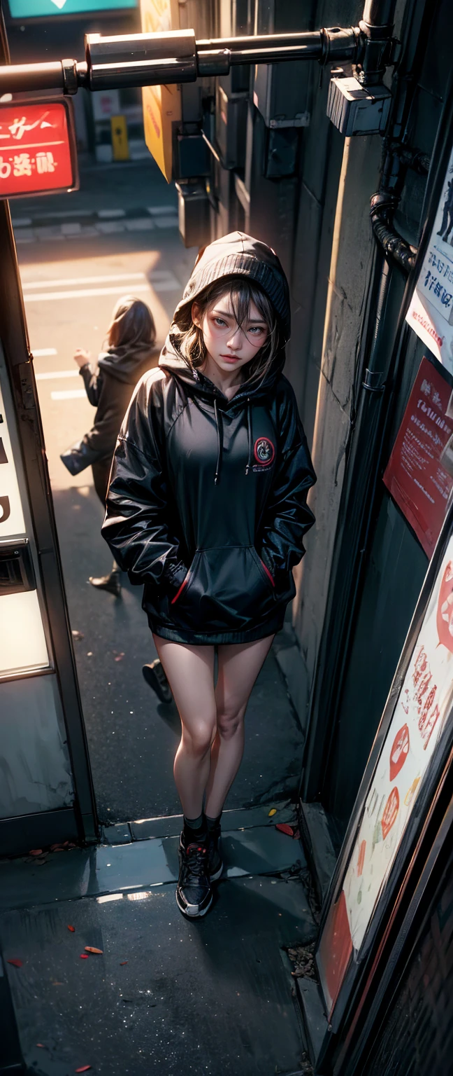 beautiful, teenager, girl,anime style, Draft -- automatic ,Jacket with hood,cute bear ear hoodie,brown fine hair,Pose,shorts,Thick sole sneakers,ถนนharajuku japan