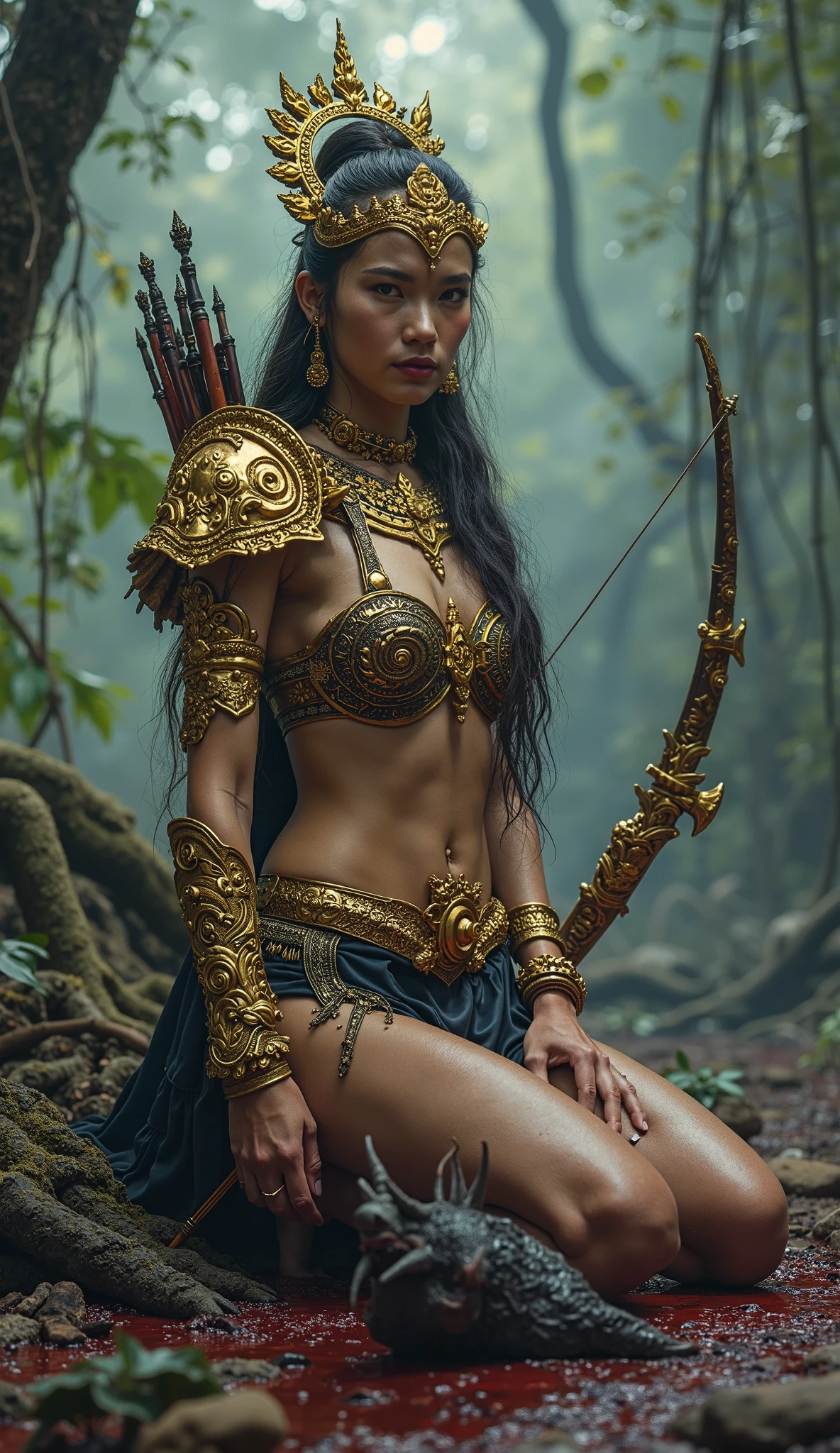 (obra maestra) (La mejor calidad) Un legendario y hermoso guerrero vikingo lleva un hacha impresionante y un gran escudo redondo. She is in an open-air temple in a clearing..............., Windy day. Ella es muy hermosa, algo musculoso, wearing runic tattoos all over his body. (((only one Women))) ((pechos grandes))