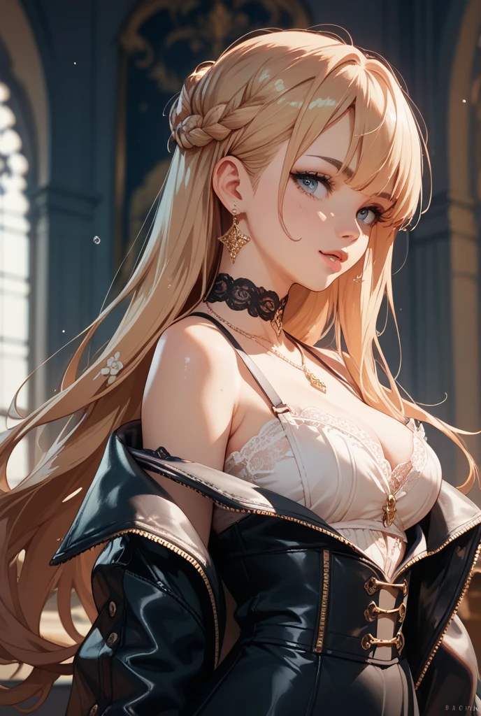 best quality, masterpiece, Upper Body, Miss, Blonde hair fluttered in the wind, Shining eyes, Steampunk nude style, Thin clothes, Pink clothes, Pink Hair