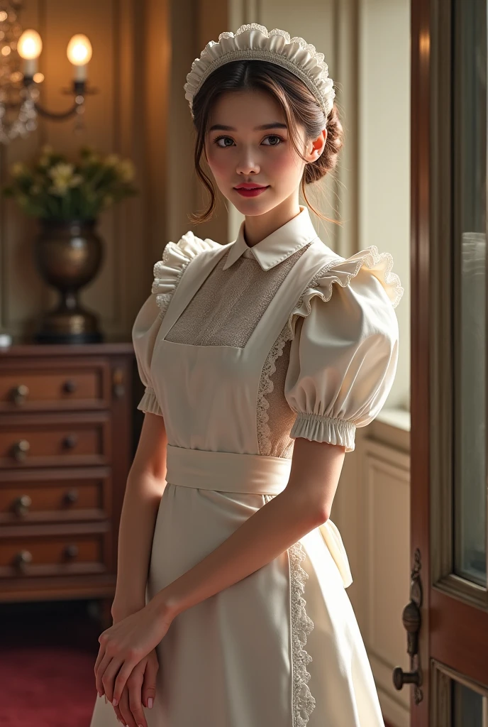Portraiture、(masterpiece,Highest quality,Ultra-high resolution),Japanese women, (((Very beautiful 25 year old girl)))、(She is wearing a shiny light silver satin long sleeve maid outfit..)、The dress has a simple design without any patterns...、(((A long skirt made of pale silver satin.)))、Pale silver satin gloves、((Pale silver satin bodysuit))、Sitting on a bed in a dark room