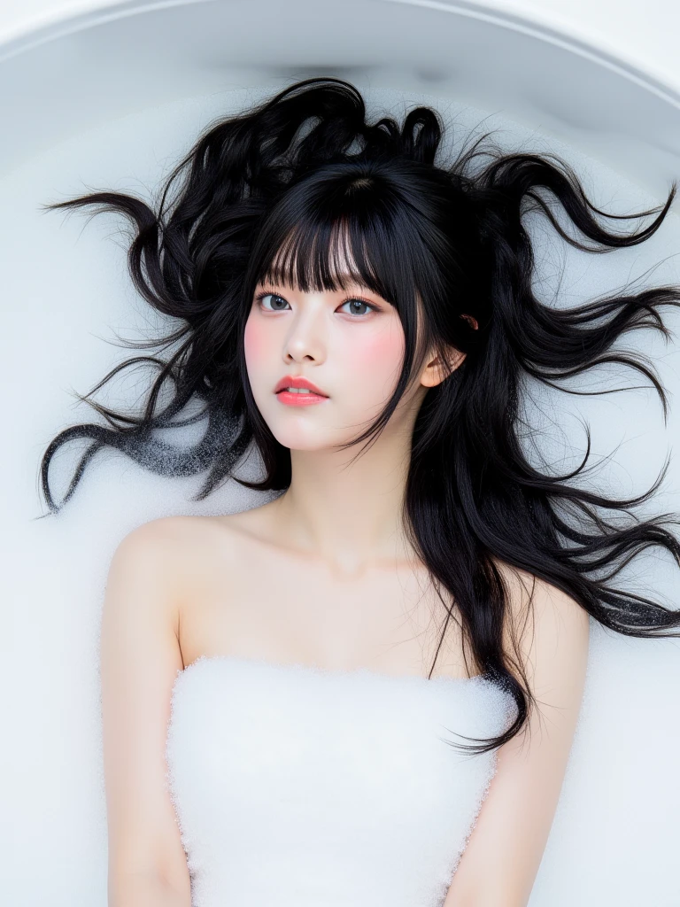 (lying prone),(from above:2),(Highest quality, Very detailed, masterpiece:1.2), 1 female, Very thin body, length, Thin legs, ((Black wavy short hair:1.2)), ((Thick and fluffy bangs)), Very detailedな顔,A faint smile, small, Thin Nose, small thin mouth, Extremely sharply focused eyes, Japanese, Beautiful Face, Realistic eyes, Beautiful and beautiful eyes, Realistic Skin, Beautiful Skin, charm, (Lively Faces), (flowing summer dress camisole evening), Creepy and unique hairstyles, High resolution, Vibrant color palette, , Tim Burton's signature dark shadows and strange details, ,background
