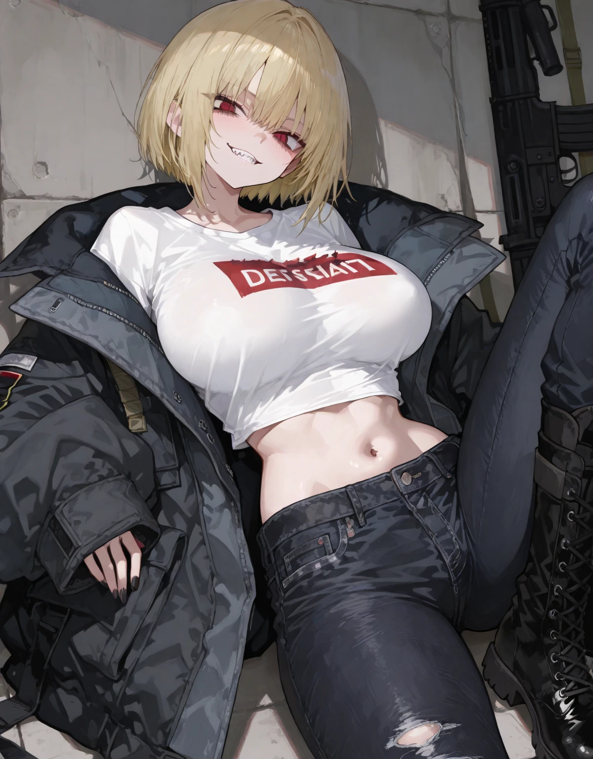 (masterpiece, best quality), 1lady, milf
(short Track jacket), low leggings, cropped top, (underboob:1.15), beanie, High Sneakers
blonde bob cut, big breasts
in studio, lying on the bed, having sex on the bed, (from front:1.2), looking at viewer, sit