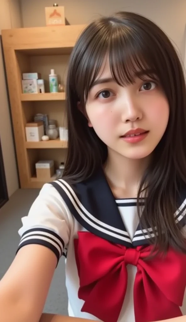 An Asian woman in a sailor's uniform lying on the bed, realistic Young Gravure Idol, girl cute-fine-face, the face of a beautiful Japanese girl, Young Pretty Gravure Idol, Young Gravure Idol, cute natural anime face, 奈良美智, Kimi Takemura, closeup Iwakura Lain, shikamimi