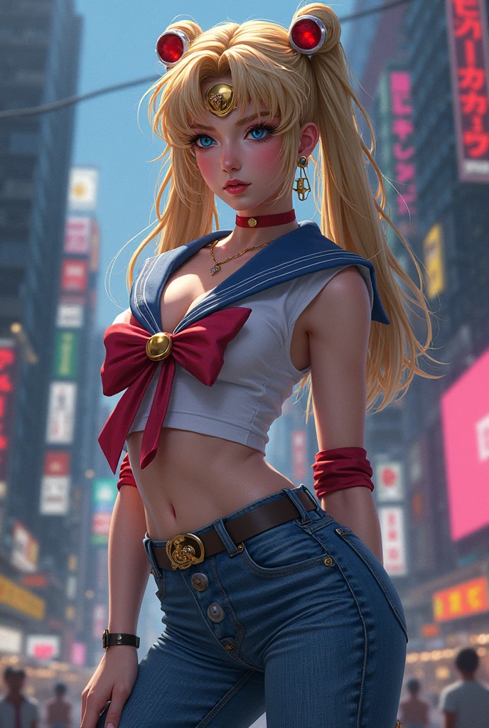 ultra realistic 8k cg, masterpiece, ((ultra-detailed background, delicate pattern, intricate detail)), (highly detailed, fine details), best quality, (photorealistic:1.4), beautiful lighting,  absurd res, RAW photo, masterpiece, best quality, (extremely detailed CG unity 8k wallpaper, masterpiece, best quality, ultra-detailed, masterpiece, best quality, 1girl, solo, crop top, denim shorts, choker, (graffiti:1.5), paint splatter, arms behind back, against wall, looking at viewer, armband, thigh strap, paint on body, head tilt, smiling, blonde hair, aqua eyes, headset, sailor moon,