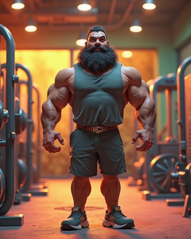 Generate an image of a 40 year old man, shaven hair, short beard, chest with fur, wearing no shirt, navy blue shorts, black sneakers, in a gym, doing chest exercises. Pixar-style