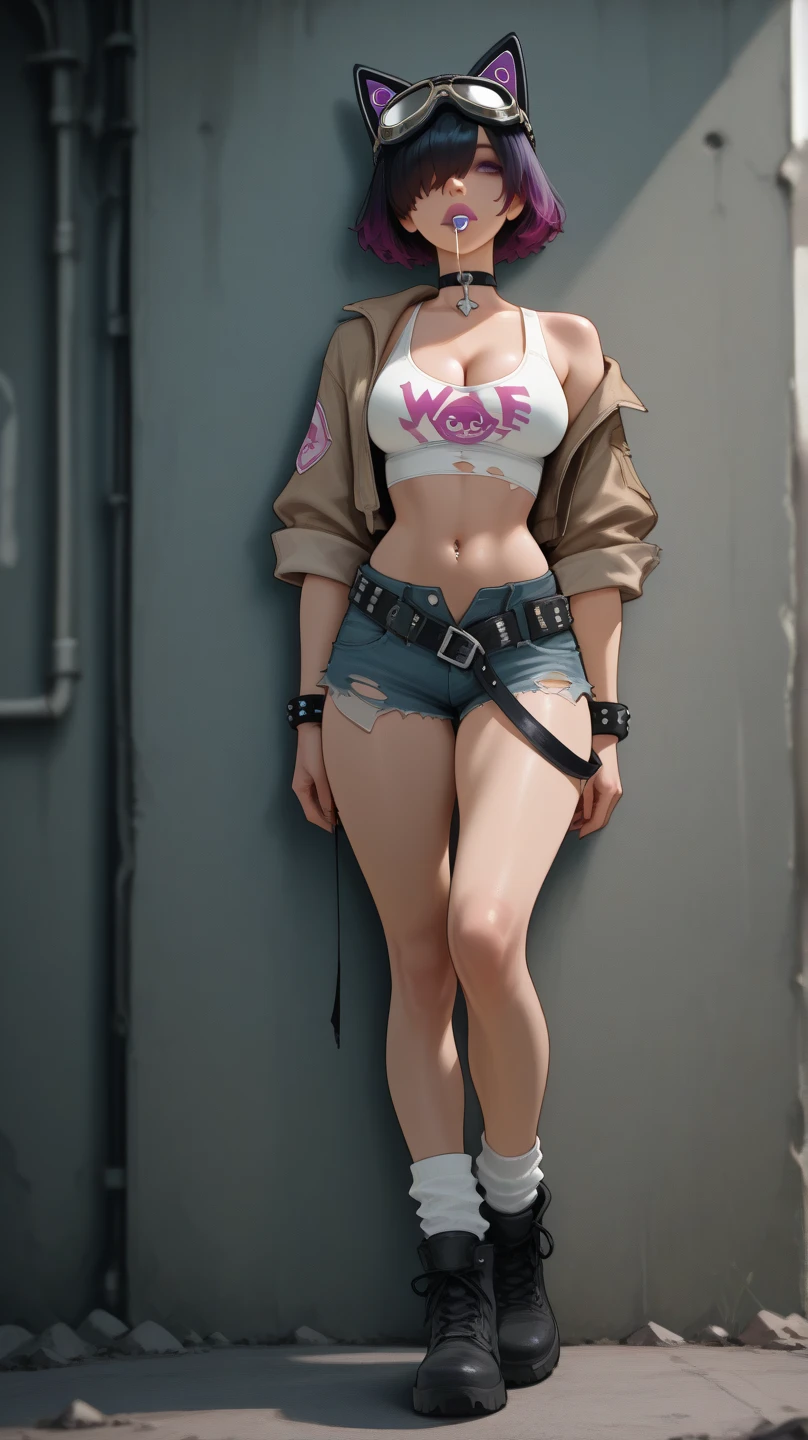 8k, masterpiece, 1girl, goddess, gravure pose,kneeling down and extend one leg backward, slim curve, ultra detailed face, super beautiful, innocent, cute girl, thin eyeblow, rond face, smiling full of compassion, half opened mouth, kissing face, armpit, wearing sexy dancer attire, it consits denim shorts with wide open side , transparent glossy silver hooded parka, glossy micro bikini swimsuit under the top, side boob, beautiful short bobstyle, at the rave festival, numerous audience