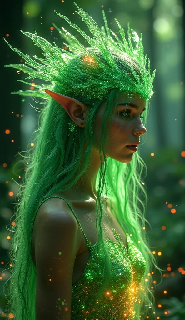 Grunge style cinematic film still beautiful sunlit,weak lights and shadows,beautiful woman fairy elf,a glowing goddess woman red-yellow-green elf,drinking water in the pool,natural elements in forest theme. Mysterious forest,beautiful forest,nature,surrounded by flowers,delicate leaves and branches surrounded by fireflies (natural elements),(jungle theme),(white glow leaves),(glow red branches),(white fireflies),(golden particle effects) and other 3D,Octane rendering,ray, . shallow depth of field, vignette, highly detailed, high budget, bokeh, cinemascope, moody, epic, gorgeous, film grain, grainy . Textured, distressed, vintage, edgy, punk rock vibe, dirty, noisy