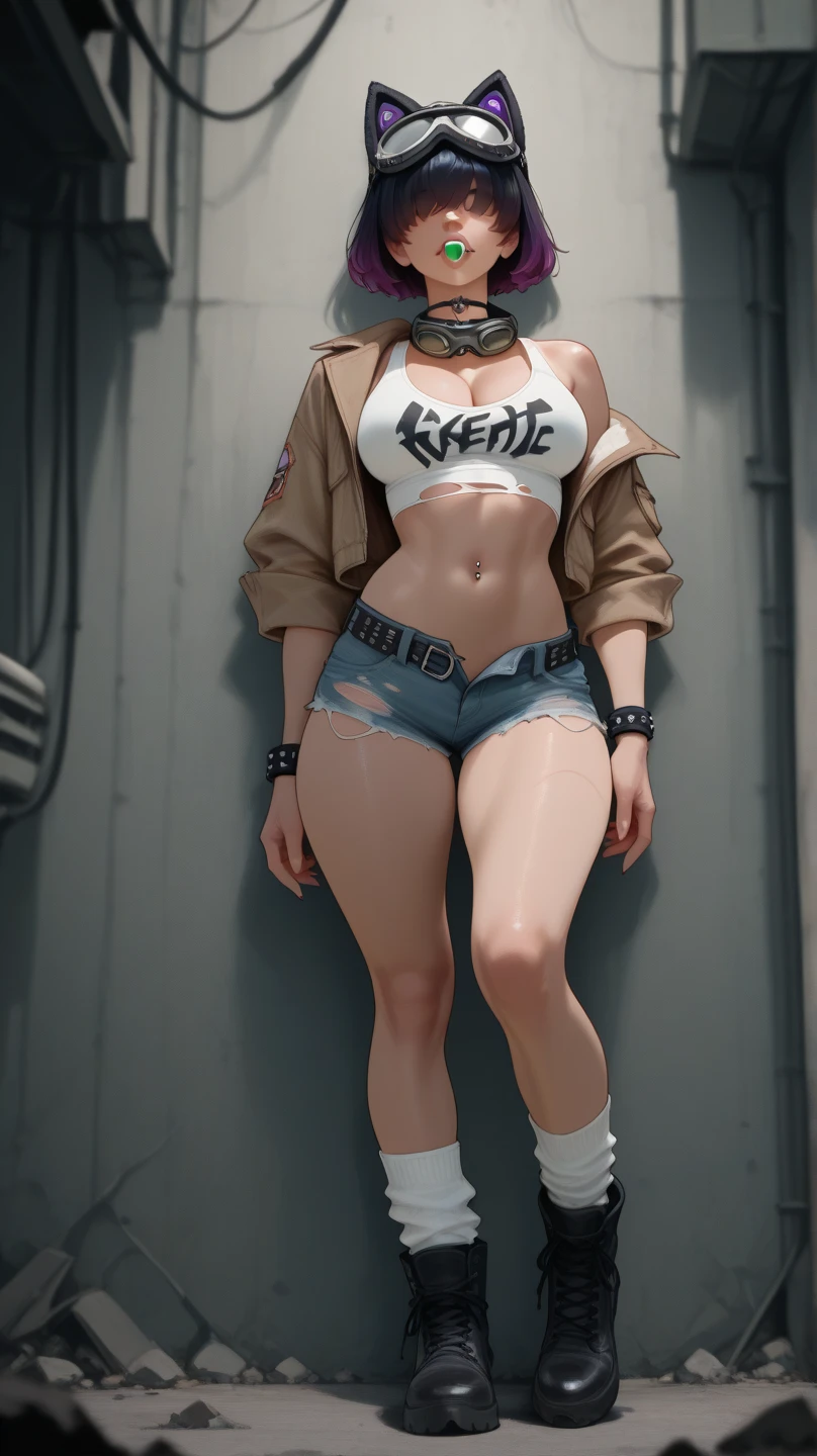 woman, (masterpiece, 4k, ultra detailed: 1.2), (beautiful face: 1.2), (1girl: 1.4), (angry, teasing, smiling, smug: 1.3), (looking at viewer: 1.4), ( standing: 1.2), (supermodel:1.4), (whole body:1.2), (hands in pocket:1.2), (thick legs), (big thigh), flowy bottom, (gold shoulder-to-shoulder jacket, sneakers blue:1.4), (t-shirt, three-quarter tights: 1.2), (ear piercing:1.2), (black nail:1.2), (big green hair, colored inner hair), (medium length hair), (wide hips:1.2),