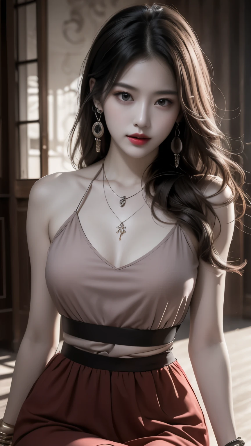 best quality, masterpiece, high resolution, 1girl, tank top dress, necklace, jewelry, beautiful face, on the body, realistic, cinematic light, highly detailed skin, 8k, UHD, dslr, high quality, intricately detailed