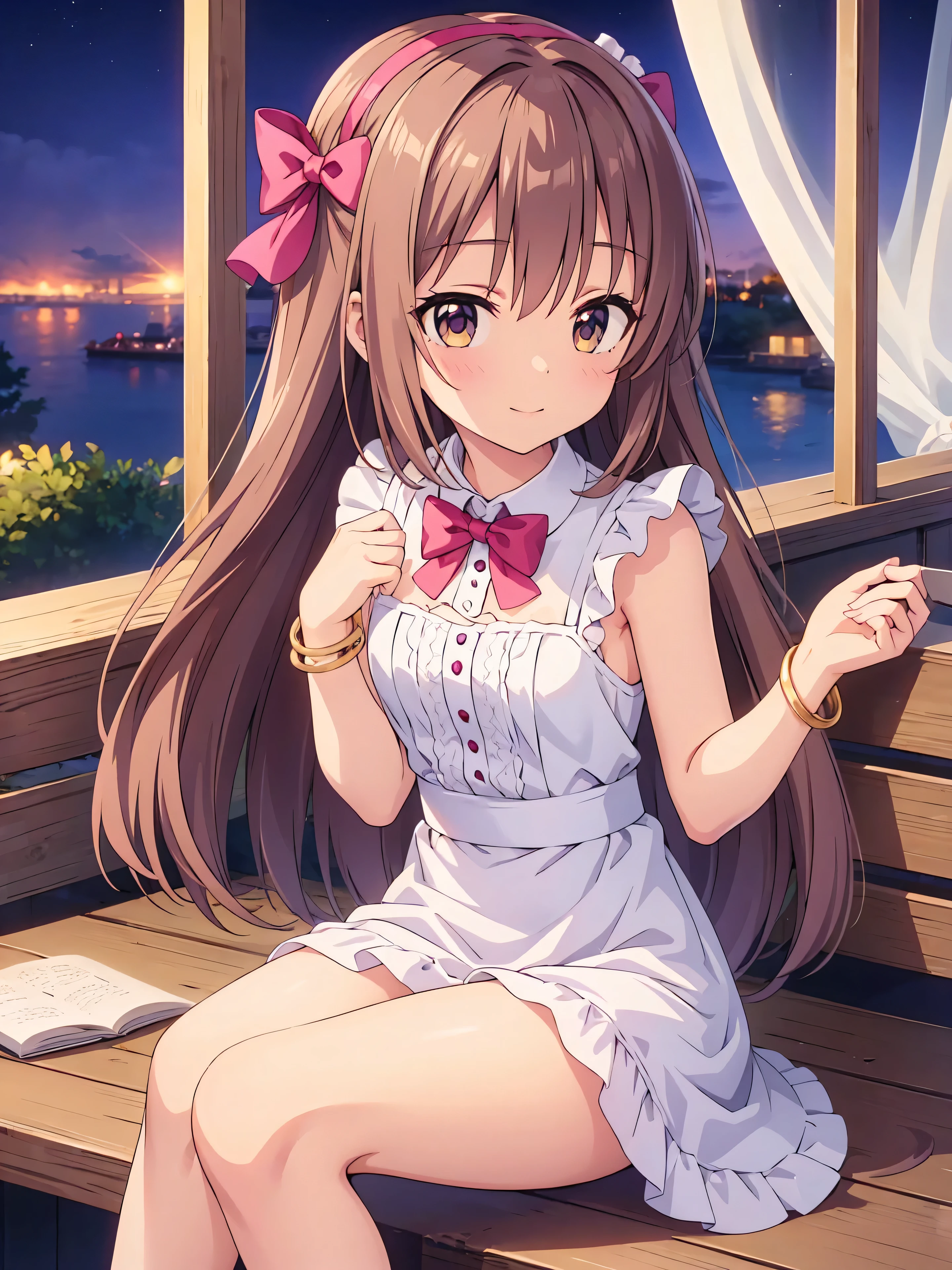 Highly detailed, high quality, masterpiece, beautiful, (all photo shooting), girl student, perfect eyes, light brown eyes, light eyes, blushing face, happy face, cat girl, sitting, big thighs, medium chest, short stature, long hair, lilac hair, with bracelet on hand, bow in hair, headband, with short maid outfit, with panties stuck between vagina, shows full panties, sexy, background image at night barbecue