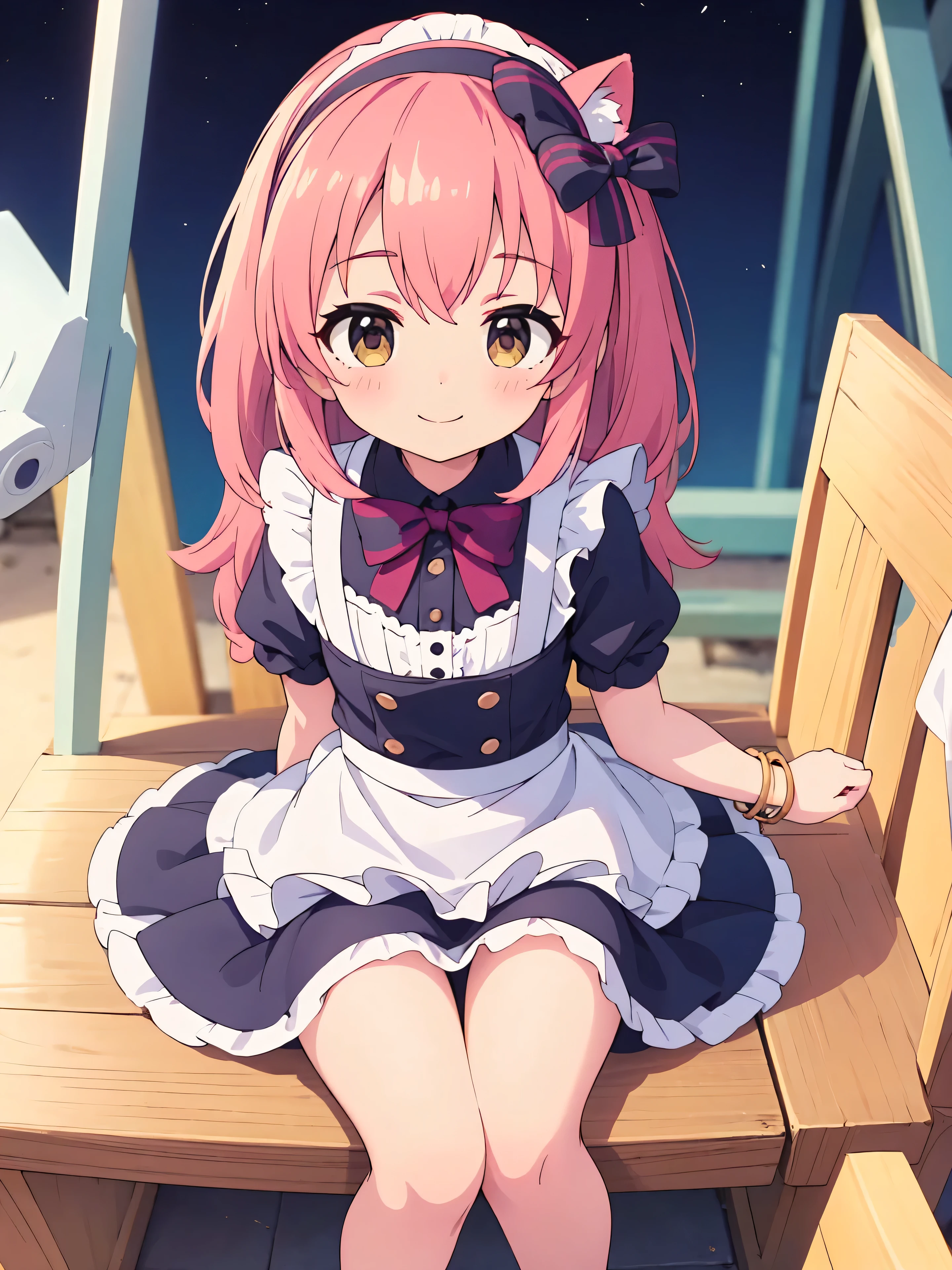 Highly detailed, high quality, masterpiece, beautiful, (all photo shooting), girl student, perfect eyes, light brown eyes, light eyes, blushing face, happy face, cat girl, sitting, big thighs, medium chest, short stature, long hair, lilac hair, with bracelet on hand, bow in hair, headband, with short maid outfit, with panties stuck between vagina, shows full panties, sexy, background image at night barbecue