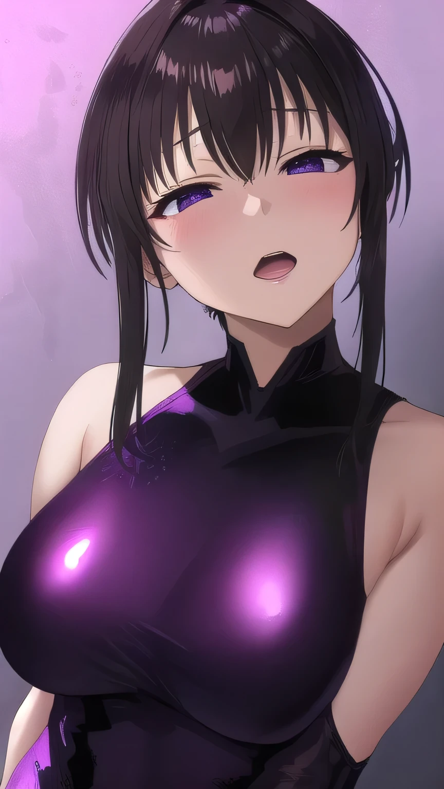 girl tickled sideways, 1 girl,, smile, laughter, Are standing, armpit, grab, tickle,Research room,saliva,blush,Sweat,please open your mouth wide,black hair,short hair,(black tight suit:1.4)),streak,Close your eyes,
