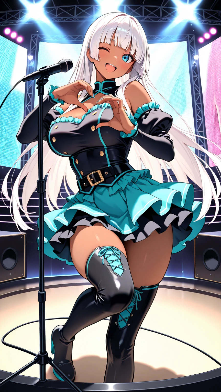 (masterpiece), (best quality),1girl,solo,3D,volumetric lighting,(alice_(queen's_gate)),(dark skin),red eyes,thighhighs,twintails,long hair,hair ornament,blue hair huge ass,(spread legs wide:1),(arms behind head:1), indoor,full body view,slim waist,oiled skin, shiny skin, reflective skin,(strip_club_venue:1.6, stripper pole in foreground, female strippers in the background, UndergroundClub, moody background, dark background, spotlights on ceiling, on stage, stage curtains in background, race queen), sweating, glistening sweat,