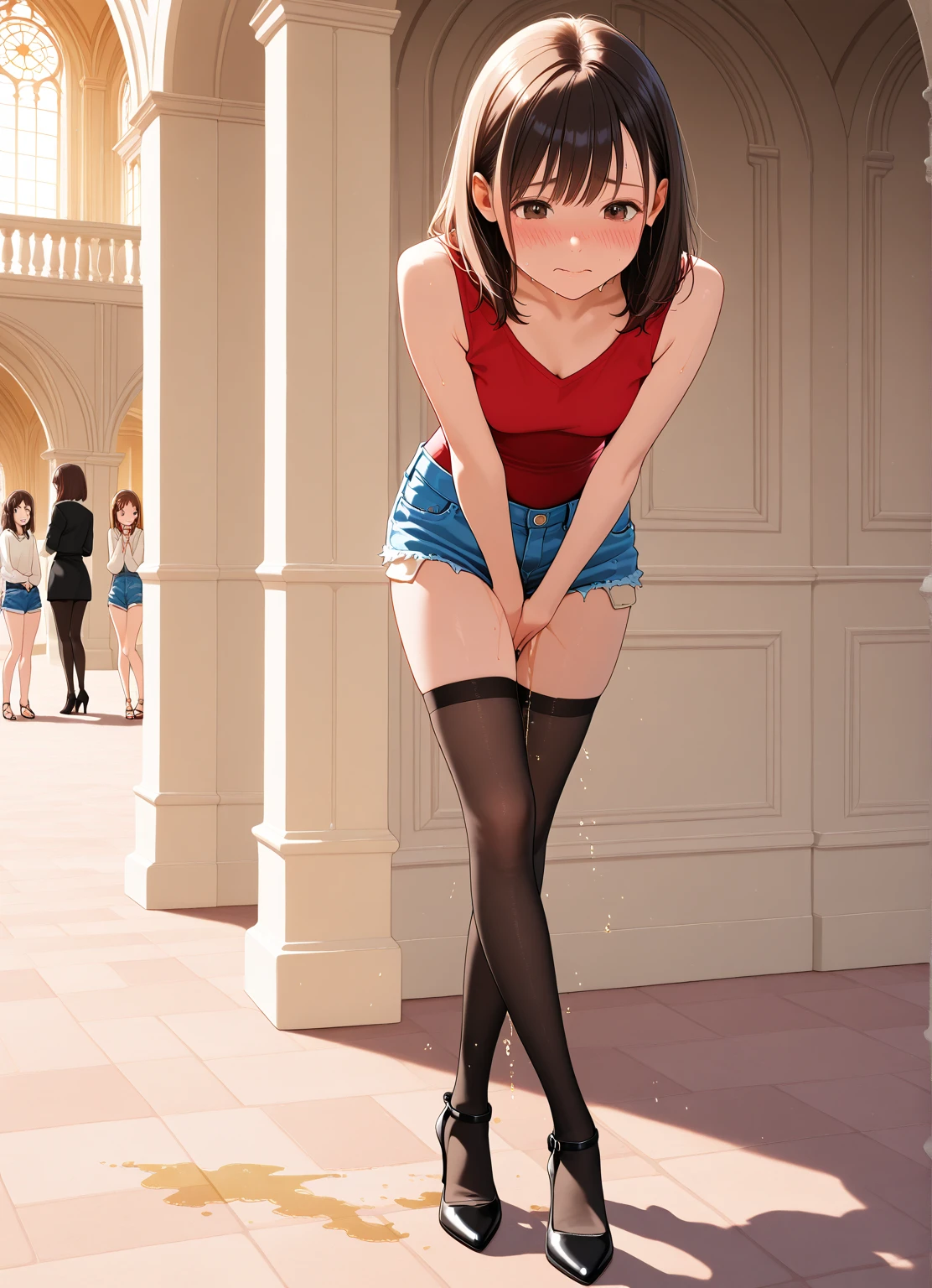 (2 naked, females), a mother 34 wearing a mini skirt outfit, a daughter 18 wearing the same outfit, legs open, extremely detailed, photorealistic, masterpiece, ultra-detailed, 8k, high quality,