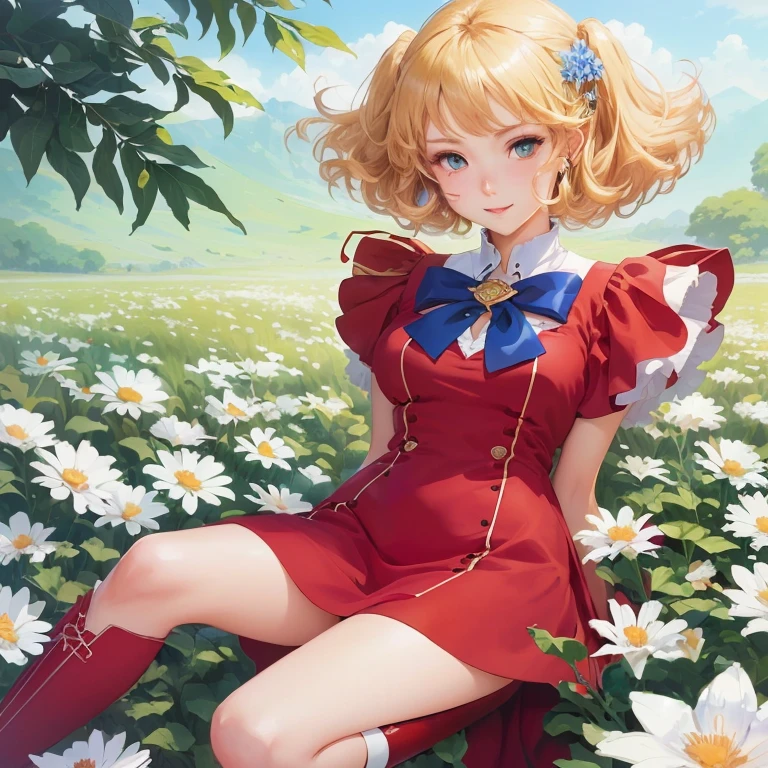 Top quality professional photography, Live-action adaptation of anime drawings, masterpiece, 8k images, Shiny blonde hair, Short Hair, Deep pink one piece, The hem of the skirt soars, Beautiful Face, Cute face, Beautiful delicate blue eyes, White skin, Slender figure, (White panties are visible:1.3), Bust Sharp Focus, Accentuating body lines, Natural Lighting,