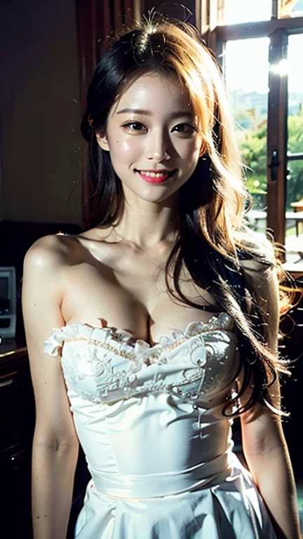 Top quality, 35mm lens, f/1, (cowboy shot:1.5), looking at viewer,
1 beautiful japanese woman, beautiful eyes, bright pupils, smile, delicate face, detailed skin, long hair, makeup, wearing exquisite dress, falling casino Roulette and chips element in back, blur white background,