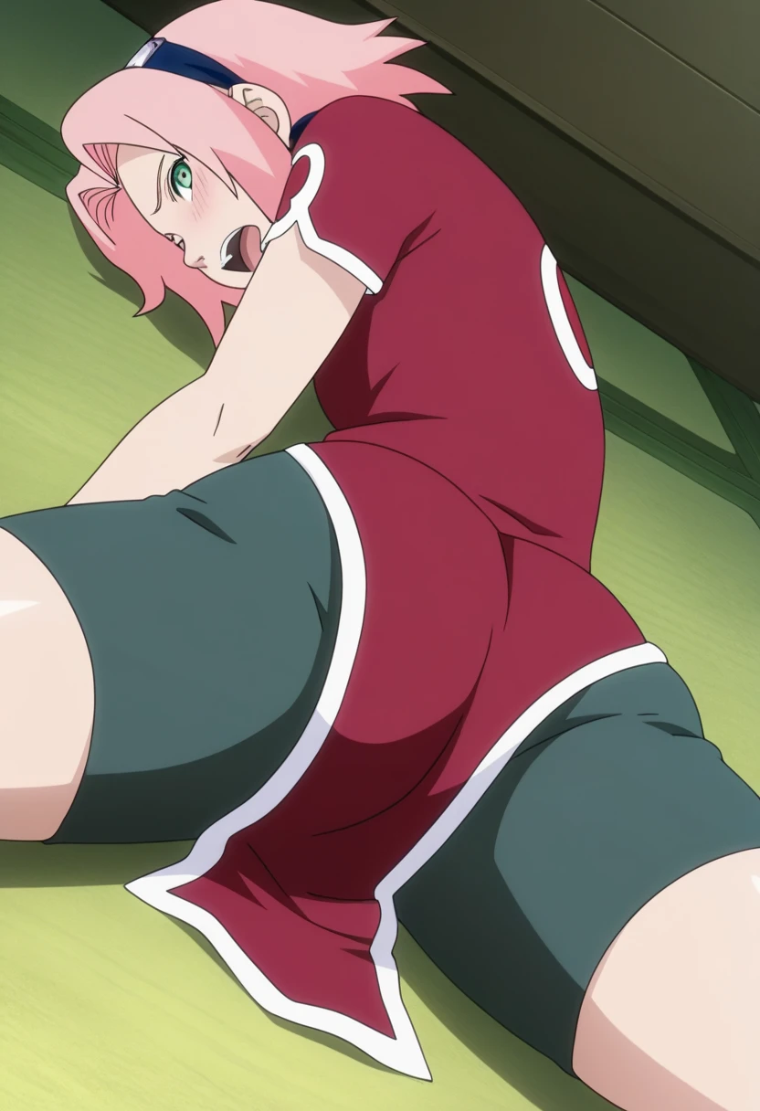 nsfw, score_9,score_8_up,score_7_up,source anime, ultra_detailed, best quality, anime screencap,anime coloring,intricate details,fake screenshot,masterpiece,best quality,very aestheticanime screencap,anime coloring,Japanese TV anime style,
BREAK
sakura, 1girl,pink hair,green eyes,short hair,Sakura haruno, 1girl, solo, pink hair, short hair, green eyes, ,"Red sleeveless Chinese qipao with white trim and symbol, green short, ."
embarrassed, open mouth, meaty ass, meaty thighs, wide hips, shorts, detailed ass, detailed face, detailed eyes,lying down, spread_legs, cowboy shot, dutch angle, pov