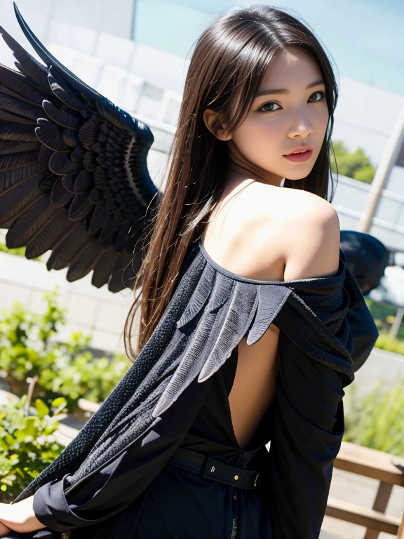 Best quality: 1.4, high resolution, perfect lighting, 1 girl, big butt, upskirt, angel halo, angel wings, white tube top, miniskirt, flower field