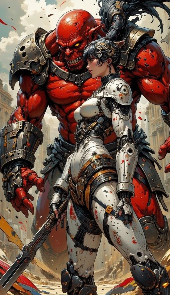 (best quality), oriental detailed background, , science fiction,mechanical arms, guro,zombie_girl with man ,monster