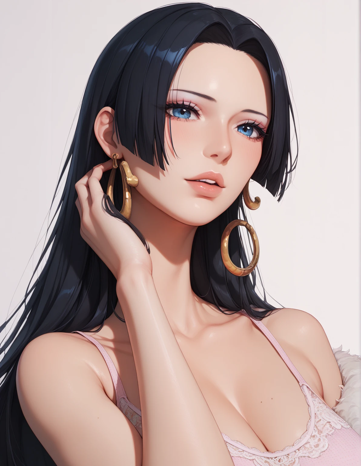 (((masterpiece))), (((best quality))), ((ultra-detailed)), (highly detailed CG illustration), Boa Hancock, (nsfw:1.4), (masterpiece:1.5), Detailed Photo, Smiling, Sexy, (Best Quality: 1.4), (1girl), Beautiful Face, (Black Hair, long Hair: 1.3), Beautiful Hairstyle, beautiful detail eyes, (realistic skin), beautiful skin, absurd, attractive, ultra high resolution, high definition, (sexually aroused:1.5), Pinkish white skin, cool white light, sexy pose, Beautiful , white background, pink soft white light, Wear a white tank top, (horny:1.4), (drunk:1.4), red face, (bukkake:1.8), Stick out tongue, no pantie
