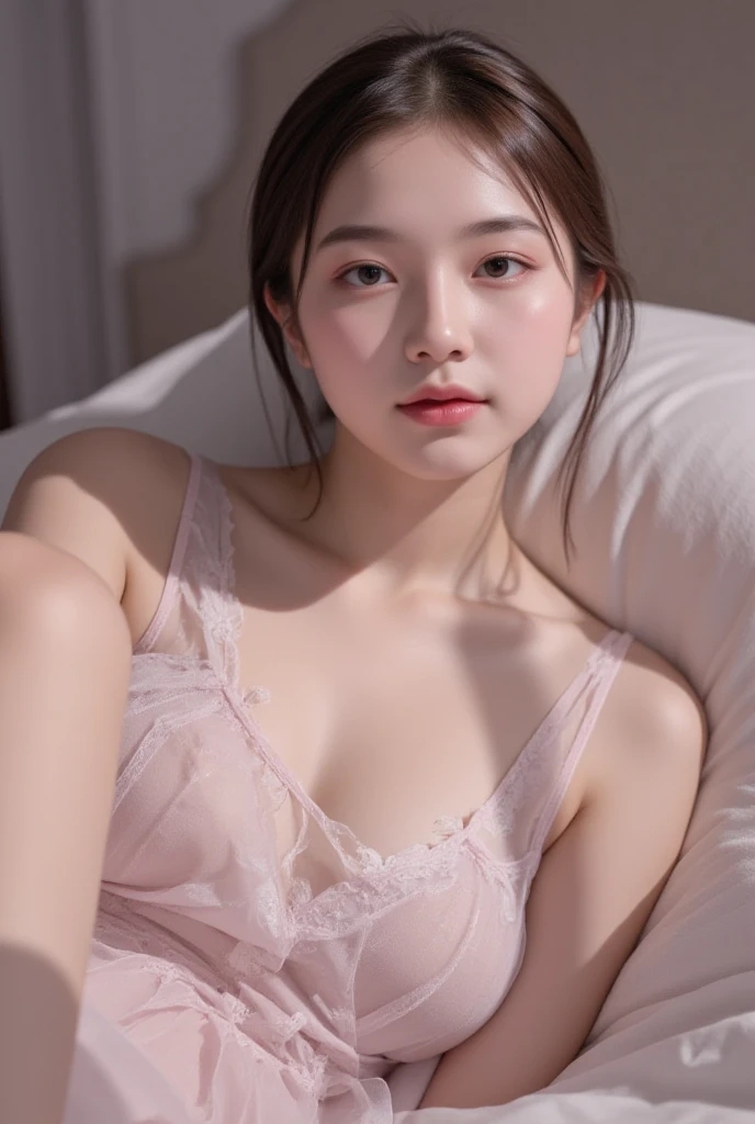 masterpiece, top-quality、Raw foto, Photorealsitic、1womanl、22year old、bedroom、Pink pajamas、Lying in bed、unbelievable Ridiculous、depth of fields, hight resolution, ultra-detailliert, foco nítido, Cinematic lighting