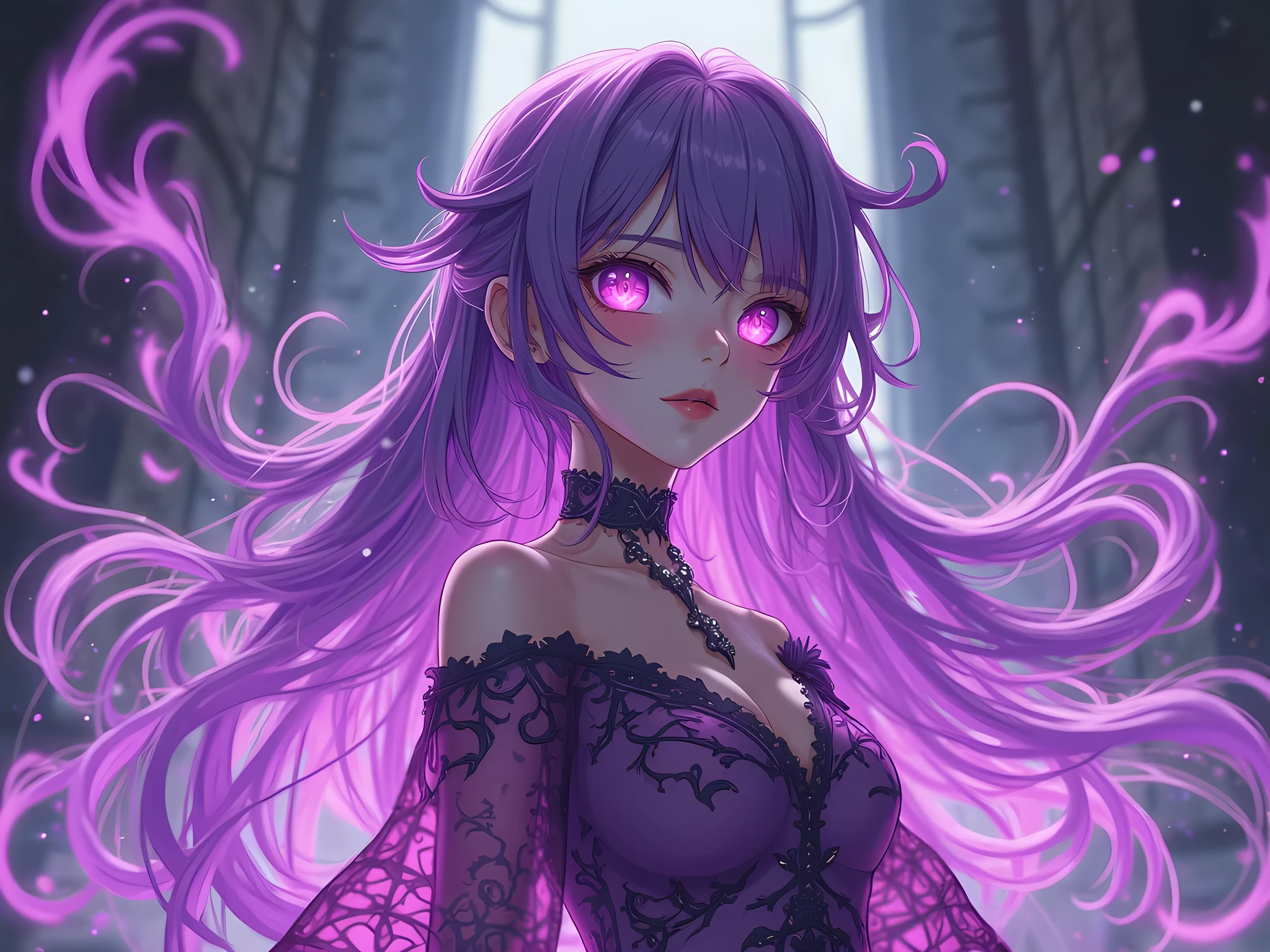 Anime goddess of darkness, with long purple hair and aqua green eyes