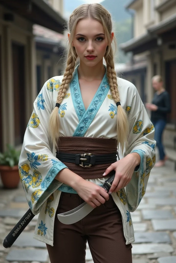Emma myers, female mage with braided hair, blond hair, intricate detailed face and eyes, elegant posture, wearing an ornate blue magical robe, beautiful detailed hands holding a glowing magical staff, outdoor fantasy landscape with mountains and forests, dramatic lighting, cinematic composition, digital art, highly detailed, photorealistic
